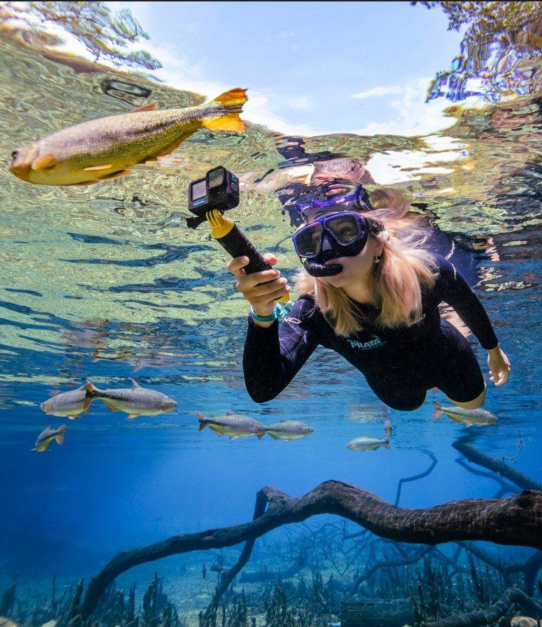 GoPro filmando peixes na flutuação em Bonito MS